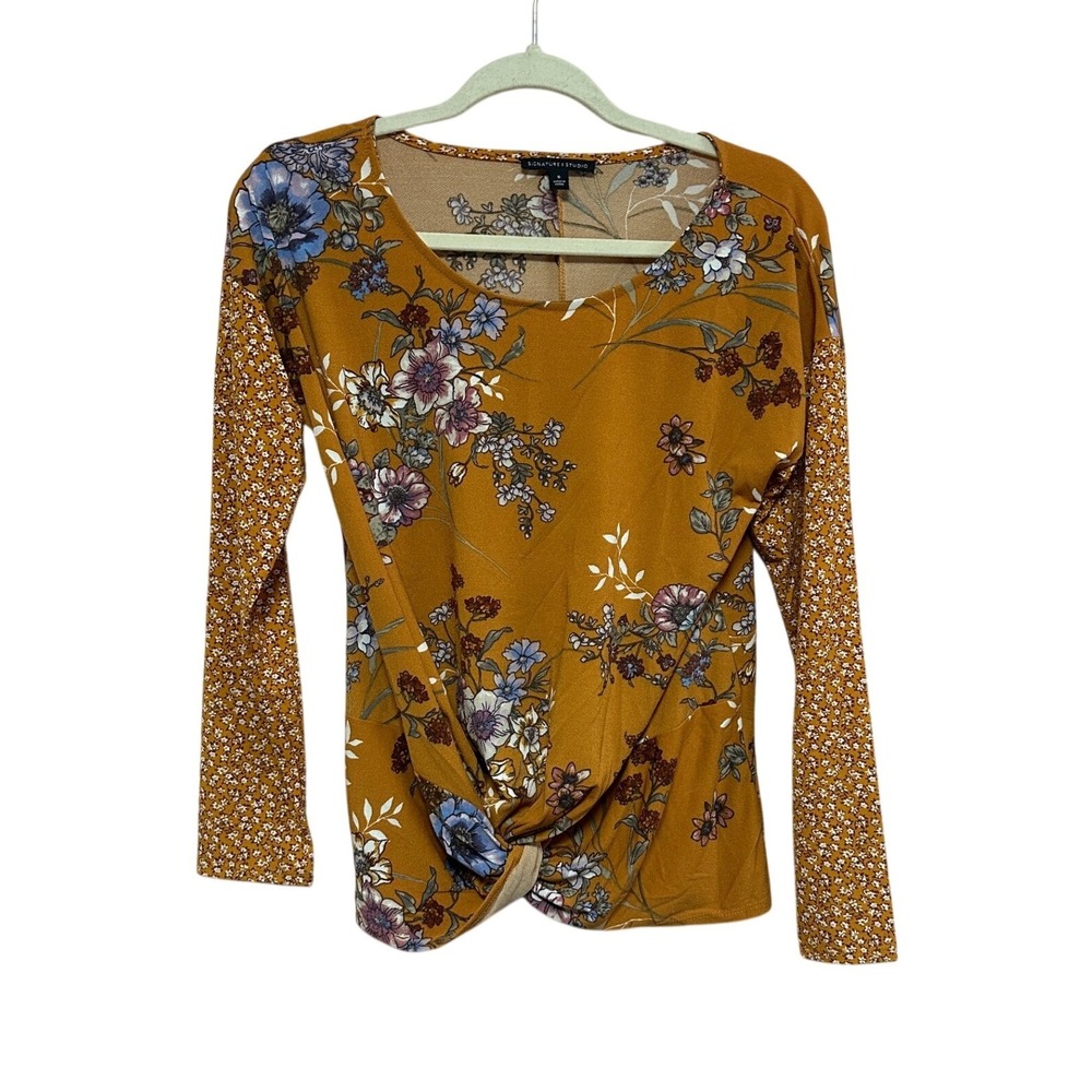 Signature Studio Womens Floral Twist Front Long Sleeve Top Cognac Blue Small NEW